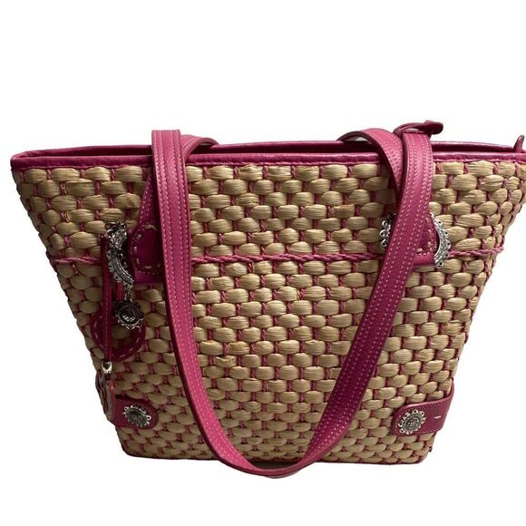 BRIGHTON Tan & Pink Basketweave Handbag Satchel Purse 15X3.75X10 - Picture 1 of 12